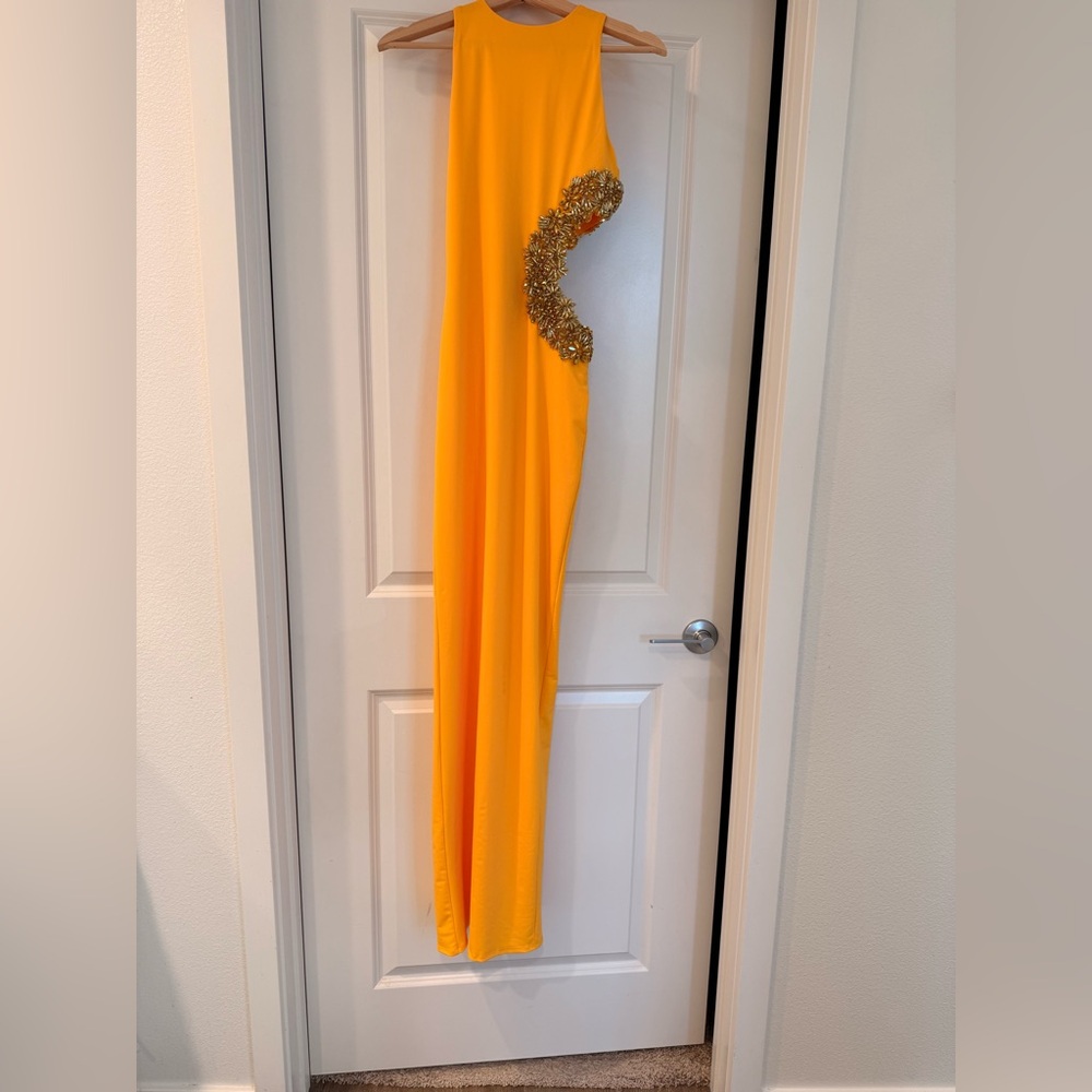 NWOT BRONX AND BANCO Camila Yellow Rhinestone Cutout Maxi Dress - Picture 8 of 15